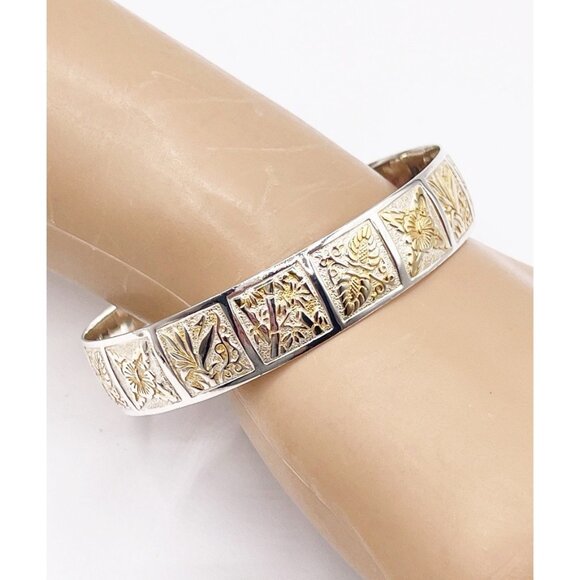 Vintage Sterling Silver & Gold Vermeil Panel Bangle Bracelet 925 Floral Motif - Picture 1 of 7